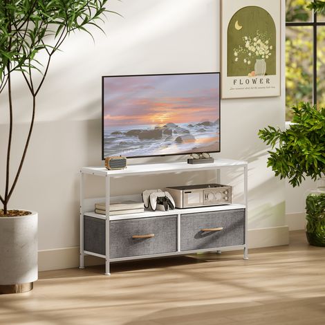 Mueble TV avec étagère et 2 tiroirs en tissu pliables pour téléviseurs jusqu‘à 47 pouces Longueur de 98 cm Blanc et Gris (1/5)
