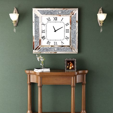 23in Modern Glam Mirrored Crystal Square Wall Clock - Decorative Roman Numeral Clock for Living Room, Bedroom, Home Accent (1/5)