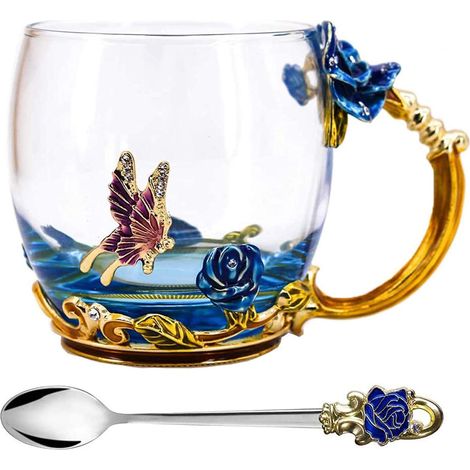 Tasse à Thé en Verre Bleu, Tasse à Café avec Cuillère, Set de 2 Tasses Transparentes, Motif Papillon et Rose Émaillé, Cadeau Fête des Mères, Idée Cadeau Anniversaire Mariage, Verre Sans Plomb Artisana (1/5)
