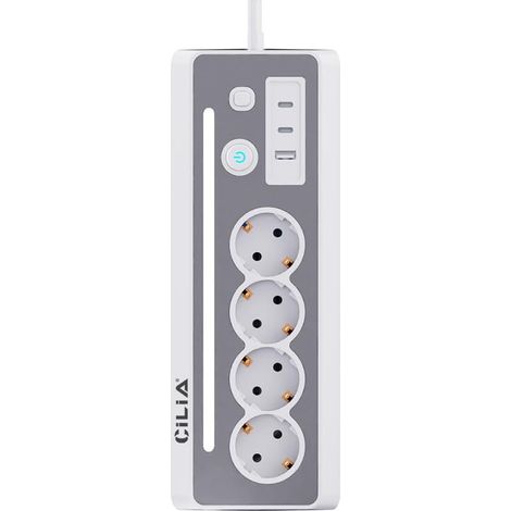 Multiprise à Angle Droit 90° avec 4 Prises Schuko, 2 Type C + 1 USB, Protection Surtensions, 3680W/16A, Câble 1,5m avec Interrupteur et Voyant LED- pour Cuisine, Bureau, Maison (1/5)