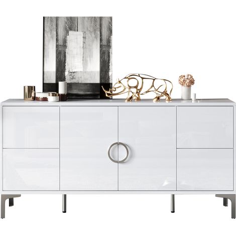 ELVMI Sideboard mit 4 Schubladen und 2 Türen Ohne Griffe, Hochglanzoberfläche, aus MDF, 150 x 38 x 59.5 cm, Weiß (1/5)