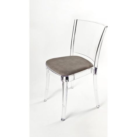 Sedia trasparente con cuscino imbottita Lucienne - ECOPELLE NABUK Colore cuscino Tortora Nuvolato (1/5)