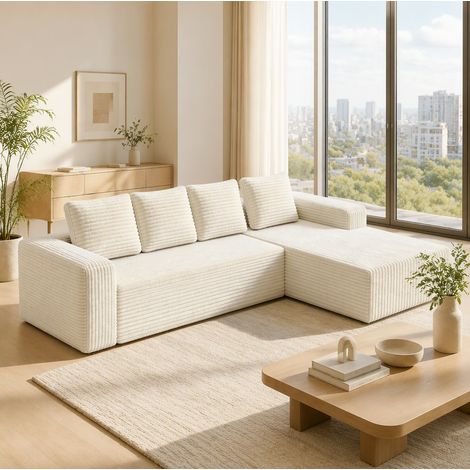 Modulares Ecksofa in Beige mit linker Chaiselongue, Cordoptik, ohne Montage, 261 x 171 x 58 cm (1/5)
