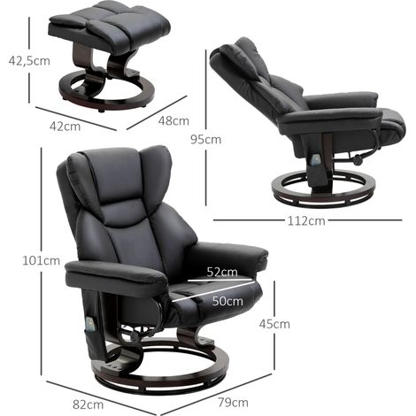 Fauteuil relaxant avec fonction massage et repose-pieds, similicuir noir, inclinable, fauteuil de massage électrique avec dossier inclinable, assise confortable (1/5)