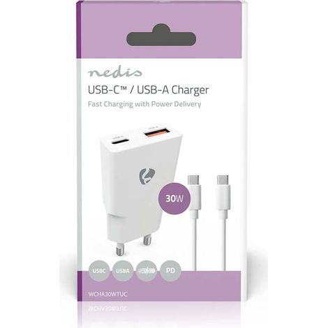 Nedis Netzladegerät / 30 W / GaN / PD3.0 / 1.5 / 2.0 / 2.5 / 3.0 A / Anzahl der Ausgänge: 2 / USB-A / USB-C™ / USB-C™ (Lose) Kabel / 1.50 m / Automatische Spannungswahl / Weiss