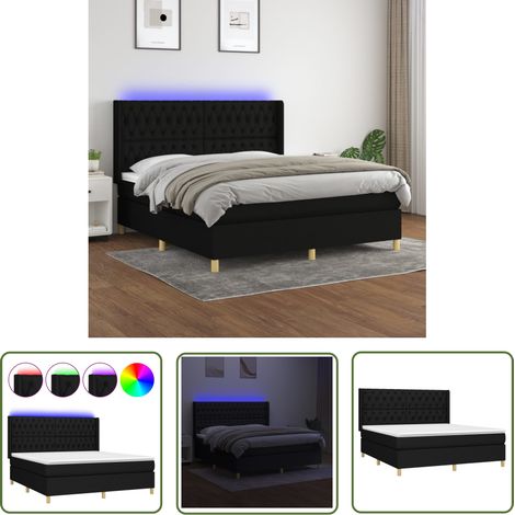 The Living Store Sommier à lattes de lit matelas et LED Noir 160x200 cm Tissu - Sommier Tapissier - Lit Avec Led - Matelas À Ressorts Ensachés - Tête De Lit Ajustable - Éclairage LED (1/5)