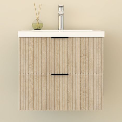 Biubiubath Meuble de Salle de Bain suspendu Chêne 60 cm avec 2 tiroirs, vasque inclus (1/5)