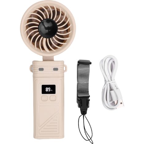 Ventilateur main 5200mAh rechargeable pliable 6 vitesses – Affichage numérique tête détachable cordon cou intérieur extérieur abricot, ventilation (1/5)