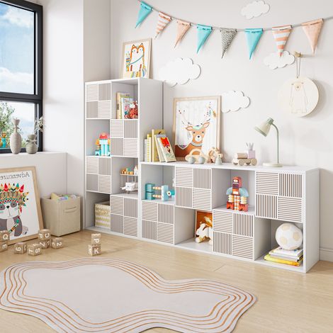 Kinderbücherregal 120x30x60 cm mit 8 Fächern und 4 Türen, modern, Weiß