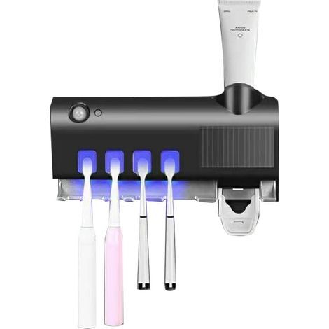 Porte-Brosse à Dents Support Mural pour Brosse à Dents Distributeur et Organisateur de Dentifrice Désinfectant pour Brosse à Dents pour Salle de Bain (Noir) (1/4)