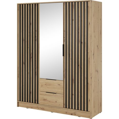Armoire avec miroir 150 cm Fioro - Armoire du fabricant, armoire de chambre à coucher - armoire à portes battantes avec lamelles, 3 portes (Artisan) (1/4)