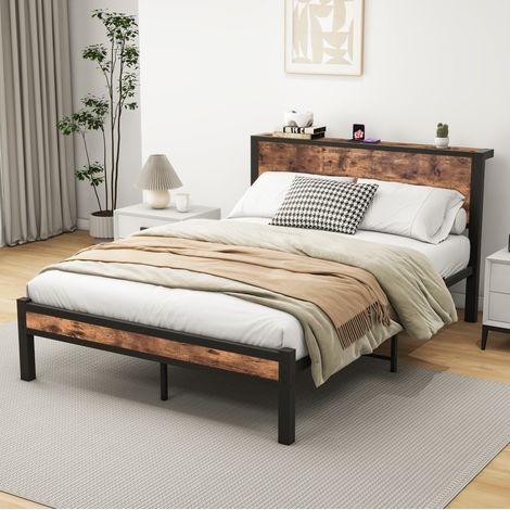 Cama 140/200 cm de metal y MDF en marrón antiguo con espacio de almacenaje (1/5)