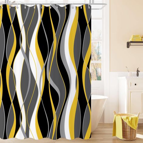 Rideau de Douche, 150x180cm, Moderne Abstrait Noir Gris Blanc Jaune Ombre Rayé Art Minimaliste Imperméable Rideau de Salle de Bain Lavable en Machine avec Crochets (1/4)