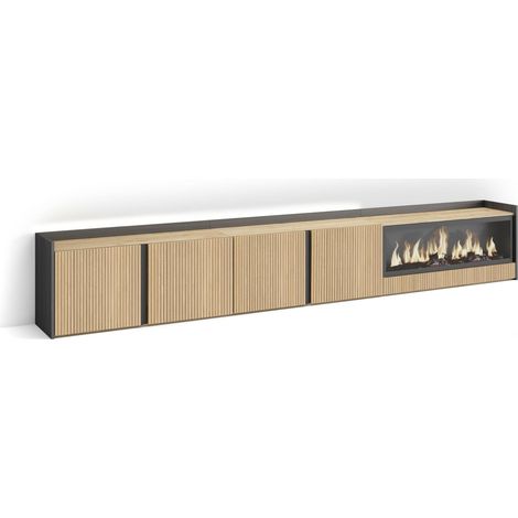 Skraut Home - TV-Schrank, Lowboard, für Wohnzimmer und Esszimmer, 315x50x35 cm, Für TV-Geräte bis zu 80", Elektrokamin XXL, Led, Moderner Stil, Eiche Schwarz (1/4)