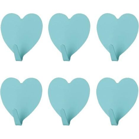 [NIEMALS VERWENDET] Set mit 6 dekorativen, herzförmigen Wandhaken (blau), starke Klebehaken aus Edelstahl für Zuhause, Küche, Bad, Büro