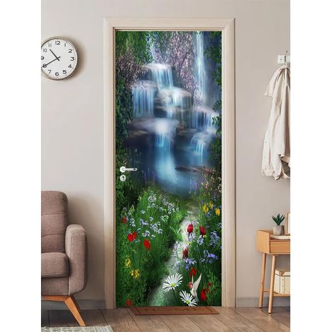 Fleurs Fantasy Cascade Autocollant Porte Affiche 3D pour Cuisine Chambre Salle de Bain Auto-adhésif Amovible Murale Décoration 77X200cm (1/5)
