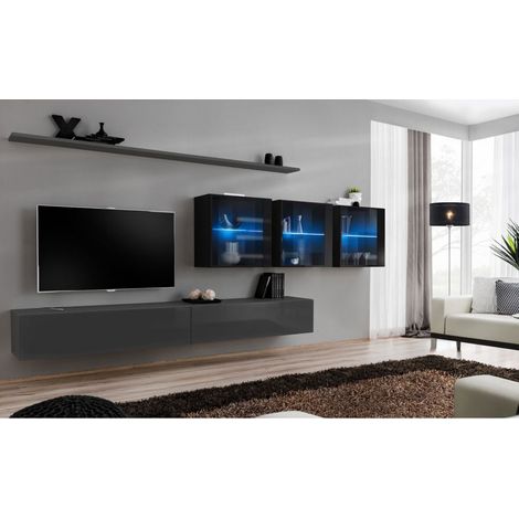 Ensemble mural - Switch XVII - 3 vitrines LED - 2 banc TV - 2 étagères - Noir et graphite - Modèle 1 - Livraison gratuite
