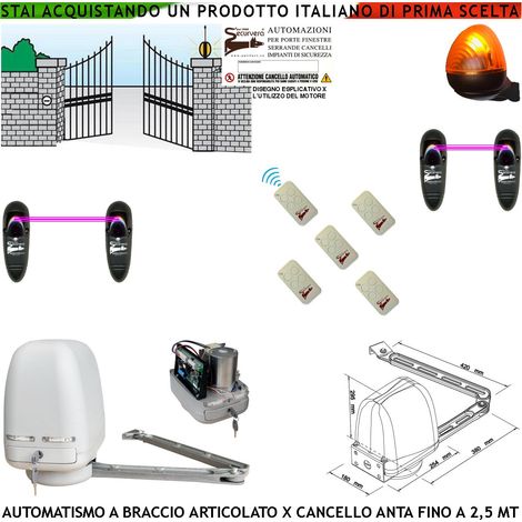 KIT MOTORE A BRACCIO ARTICOLATO 220/24 V CANCELLO AUTOMATICO ANTA BATTENTE DA 0,5 A 2,5 MT CENTRALE 5 RADIOCOMANDI 2 FOTOCELLULE FARO (1/4)