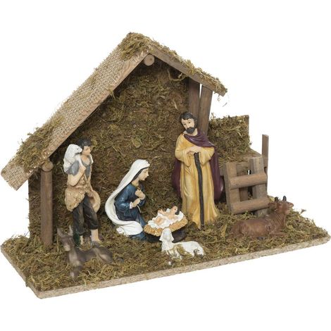 LED-Weihnachtskrippe mit 7 Santons 30x20cm Harz und Holz - Feeric lights & christmas