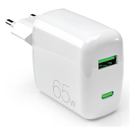 Caricabatterie da parete GaN da 65 W con connettori USB-A e USB-C - Bianco