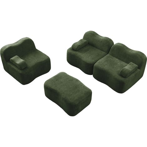 Sofá modular en L de 3 plazas de terciopelo verde con pouf, espuma 32D (1/5)