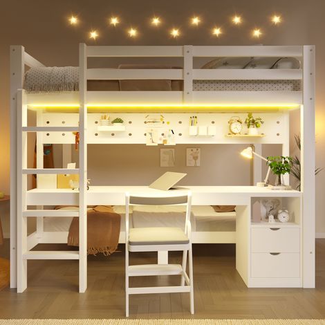Lit mezzanine en pin 90x200 et 140x200 cm avec bureau, tiroirs, panneau perforé, éclairage LED, sans matelas