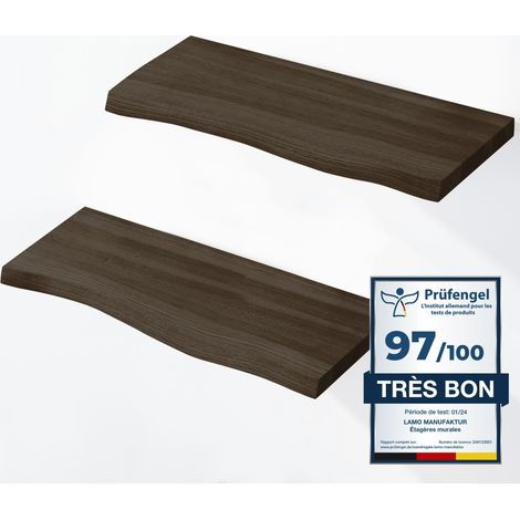 LAMO Manufaktur 2 étagères murale en bois avec fixation invisible 2x 42cm Etagère murale en 100% bois massif Etagère murale pour salon SET 2 étagères bord irrégulier Couleur: Noir