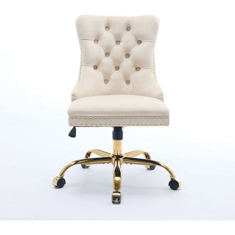Chaise de bureau moderne velours touffé base dorée métallique,modèle réglable pivotant couleur beige confortable.