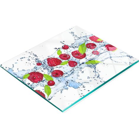 Tabla de cocina decorativa multifuncional de vidrio con diseño de frambuesas y agua, 60x52 cm. (1/5)