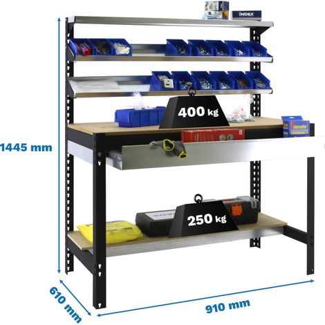 SimonRack Banco da Lavoro con Cassetto a Guide Telescopiche e 3 Ripiani Superiori – Portata 400 kg – 1445x910x610 mm – Postazione Fai da Te Officina – Antracite/Legno – Bt-1