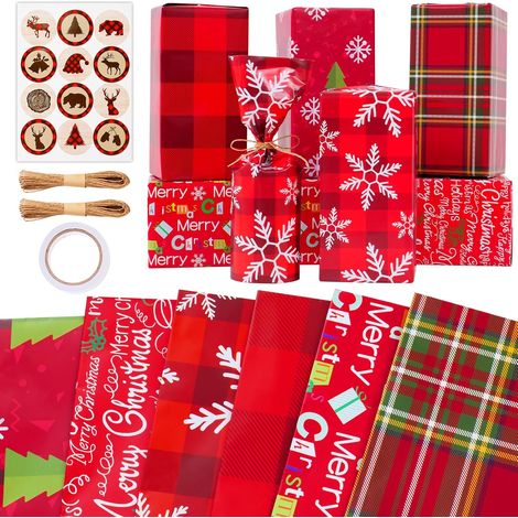 Papier Cadeau Noel Papier Cadeau Rouge avec Autocollants et Ficelle Original Impression Claire Épaisse Résistante DIY pour Noël (1/5)