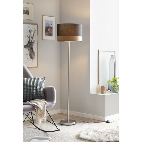 Lampadaire Rond Noir Ø 38 cm en Métal Chromé et Abat-jour Tissu Décor Bois E27 - PANGIVO (1/3)