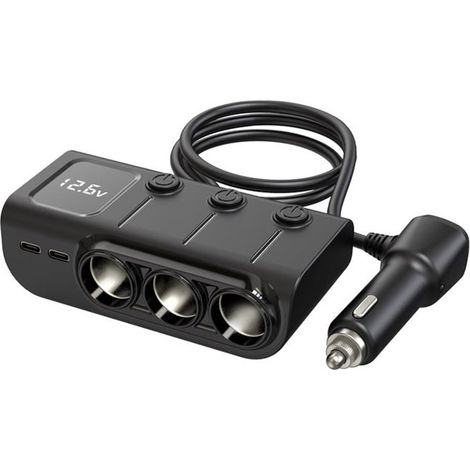 Chargeur Allume-Cigare 120W Numérique Rapide Voiture USB QC3.0 PD 20W Noir Compact Affichage LED - HAWUJ - Alimentation Ra... (1/5)