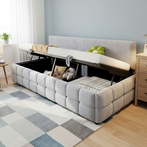Letto singolo con stoccaggio 90x200 cm, letto contenitore 1 posto, divano letto, schienale senza braccioli, design classico a motivo quadri, letto capitonnè in velluto - Grigio chiaro