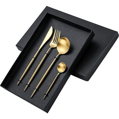 Ensemble de couverts en acier inoxydable à manche carré doré - Style western épuré : fourchette à dessert, cuillère à thé au lait et cuillère à thé. (1/3)