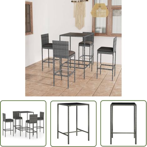 The Living Store Ensemble de bar de jardin 5 pcs et coussins Résine tressée Gris - Ensemble Salon De Jardin - Mobilier De Jardin - Set De Bar Extérieur - Table Basse Extérieure - Chaises Pliantes (1/5)