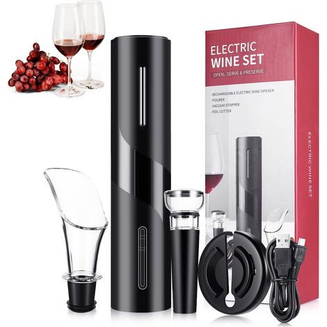 6 en 1 Tire Bouchon Électrique Rechargeable, coffret cadeau, tire-bouchon avec coupe-capsule, bouchon à vide, bec verseur, aérateur de vin, câble USB pour les amateurs vin cadeau maison fête (1/5)