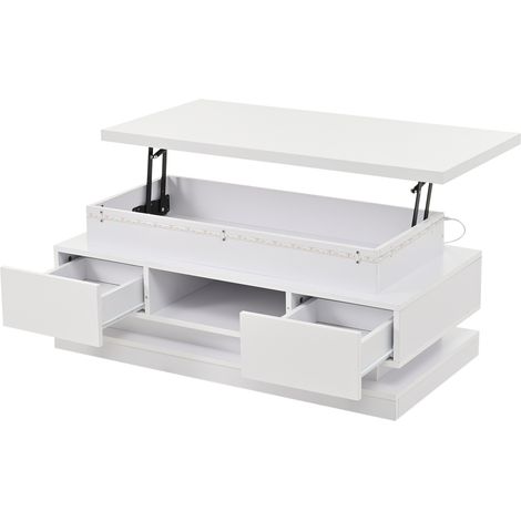 Table basse relevable blanche avec 2 tiroirs, table de salon haute brillance avec éclairage LED et rangement caché, 100x50x40cm (1/5)