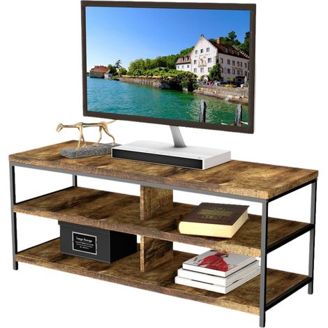 Mesa de TV Salón 110 cm Terra con 2 Estantes y 4 Espacios para Tvs de hasta 50" Roble Cambrian y Negro 110x45x40 cm