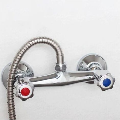 Duscharmatur, verchromte Doppelauslaufarmatur aus Messing, Thermostatarmatur für Duschstange, Wandarmatur mit zwei Bedienelementen (1/5)