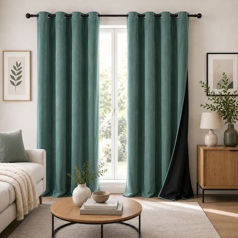 Lot de 2 Rideaux à Œillets 140 x 260 cm Velours Côtelé / Polaire Thermique Sauge