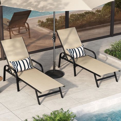 GARVEE - Lot de 2 Transats Pliables - Allongeur Jardin avec Dossier Réglable - Structure Acier(Beige) (1/5)