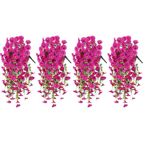 Set of 4 Artificial Morning Glory Wall-Hanging Flowers, Home & Wedding Decor, Rattan-Style Flower Vine, Red-Pink (1/5)