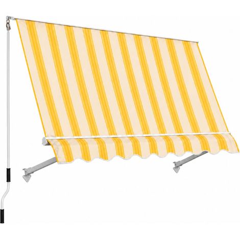Tenda da Sole a Caduta 300x250 cm con Braccio Avvolgibile e Braccetti Ferma Tenda - ideale Per Balcone e Terrazzo - Colore Giallo e Bianco (1/5)