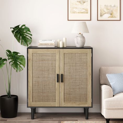Buffet de rangement rotin 80 cm 2 portes, noir (1/5)