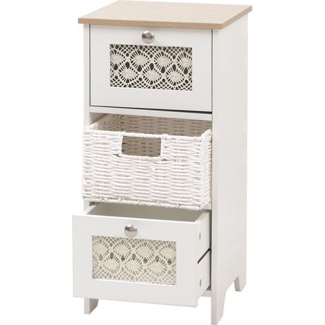 Comò HHG-346, cassettiera, 3 cassetti a cestello decorativi legno melamina 63x30x30cm, bianco naturale