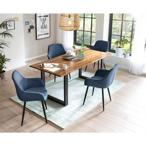 Ensemble Table de Salle à Manger en Acacia Massif 180x90 cm et 4 Fauteuils en Tissu Cognac - PANGIVO (1/5)