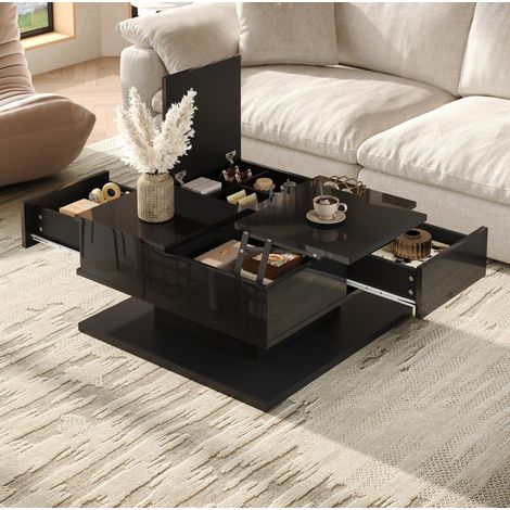 Tavolino da caffè 72x72x35 cm, piano sollevabile, coperchio apribile, cassetti, LED, MDF e truciolare nero (1/5)