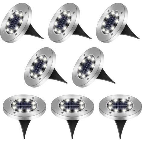 Ecleanfy - AIMOONSA Lot de 8 spots solaires extérieurs LED IP65 - inox/ABS, blanc froid, 600 mAh, allumage automatique