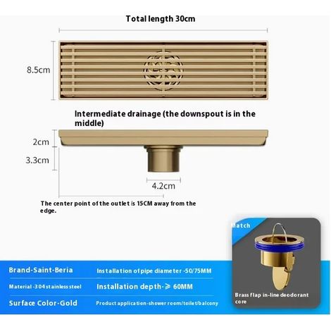 (8.5cmx30cmA) Golden Bamboo Row High-End Bathroom Shower Floor Drain Six-Proof Grille Extended Linear Stainless Steel Long Floor Drain (1/4)